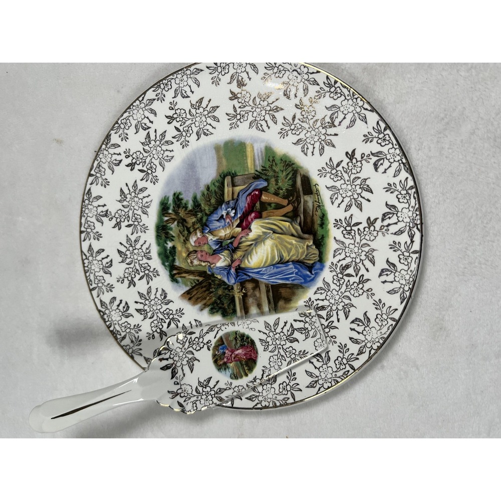 Aynsley England Cake Plate Server Romantic Courting‎ Couple Floral Gold Trim